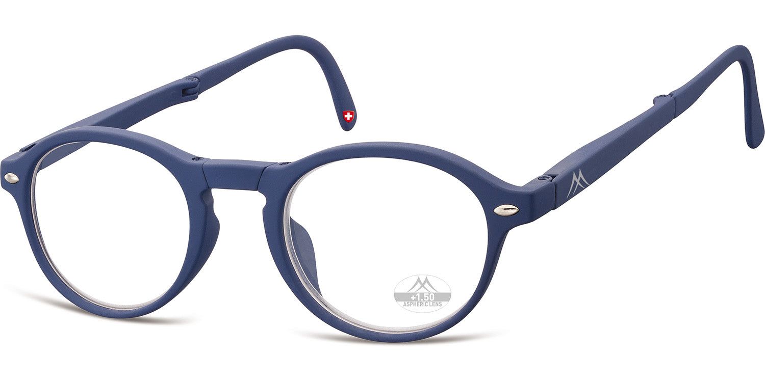 Blauwe, ronde leesbril, opgevouwen. Poten met Zwitsers kruis. Montana Eyewear logo.