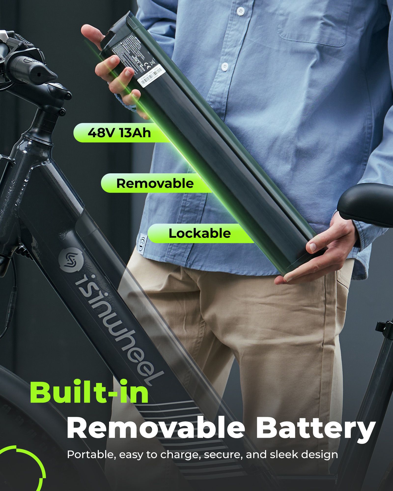 Persoon houdt een uitneembare 48V 13Ah batterij vast. Tekst: Built-in Removable Battery, Removable, Lockable.