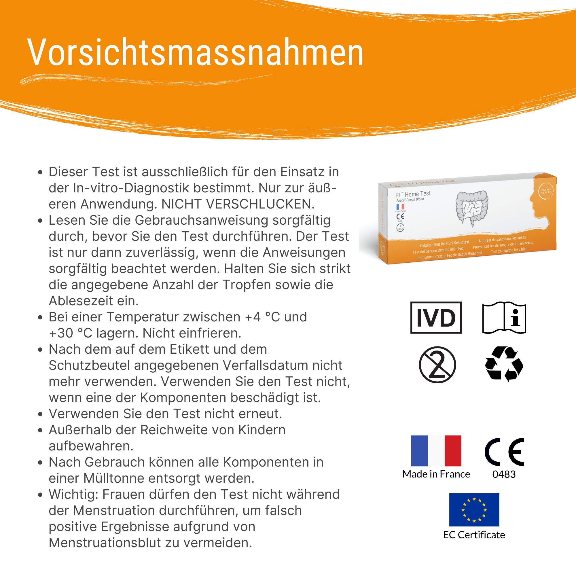 Voorzorgsmaatregelen. Tekst en symbolen. CE-markering, EC-certificaat, Made in France. Patris Health® logo.