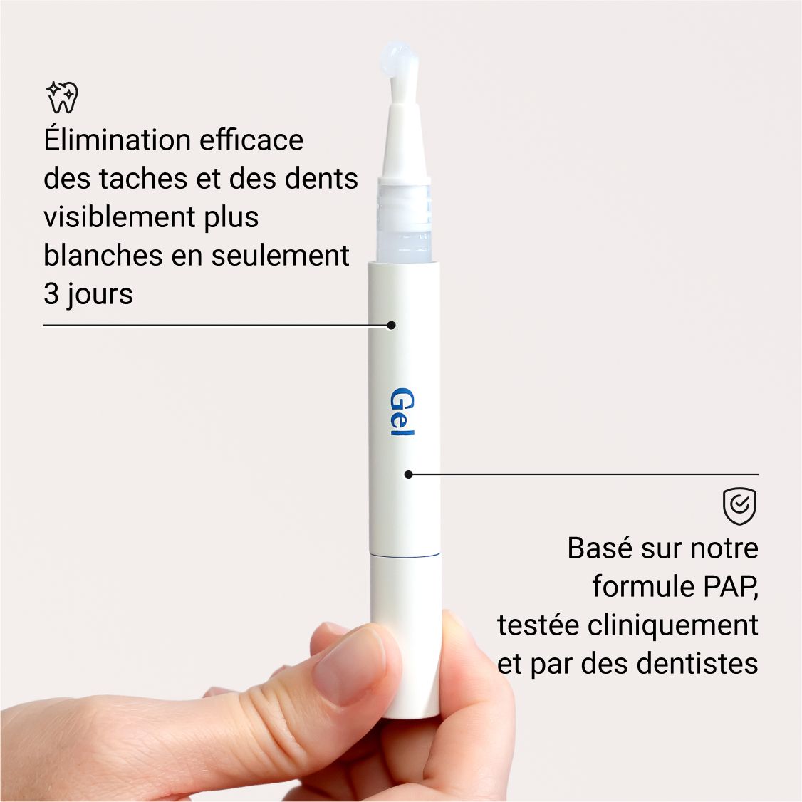 Stylo gel blanc avec "Gel" bleu. Main tenant le stylo. Texte et symboles.