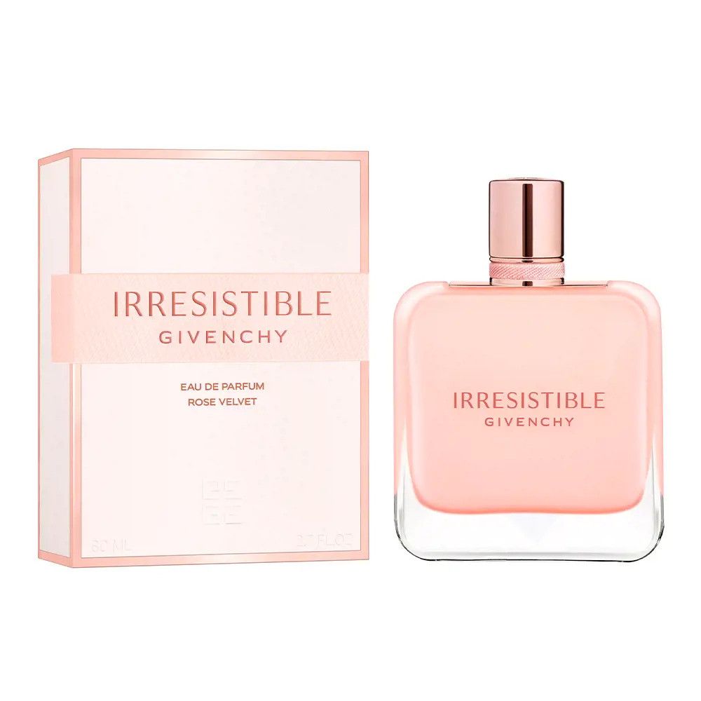 Roze fles en verpakking. Opschrift "Irresistible Givenchy Eau de Parfum Rose Velvet". Rechthoekige vorm, roze gouden dop.