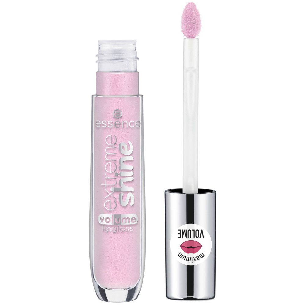 Open lipgloss tube met applicator. Roze inhoud zichtbaar. Tekst: Extreme Shine, Volume Lipgloss, Maximum.