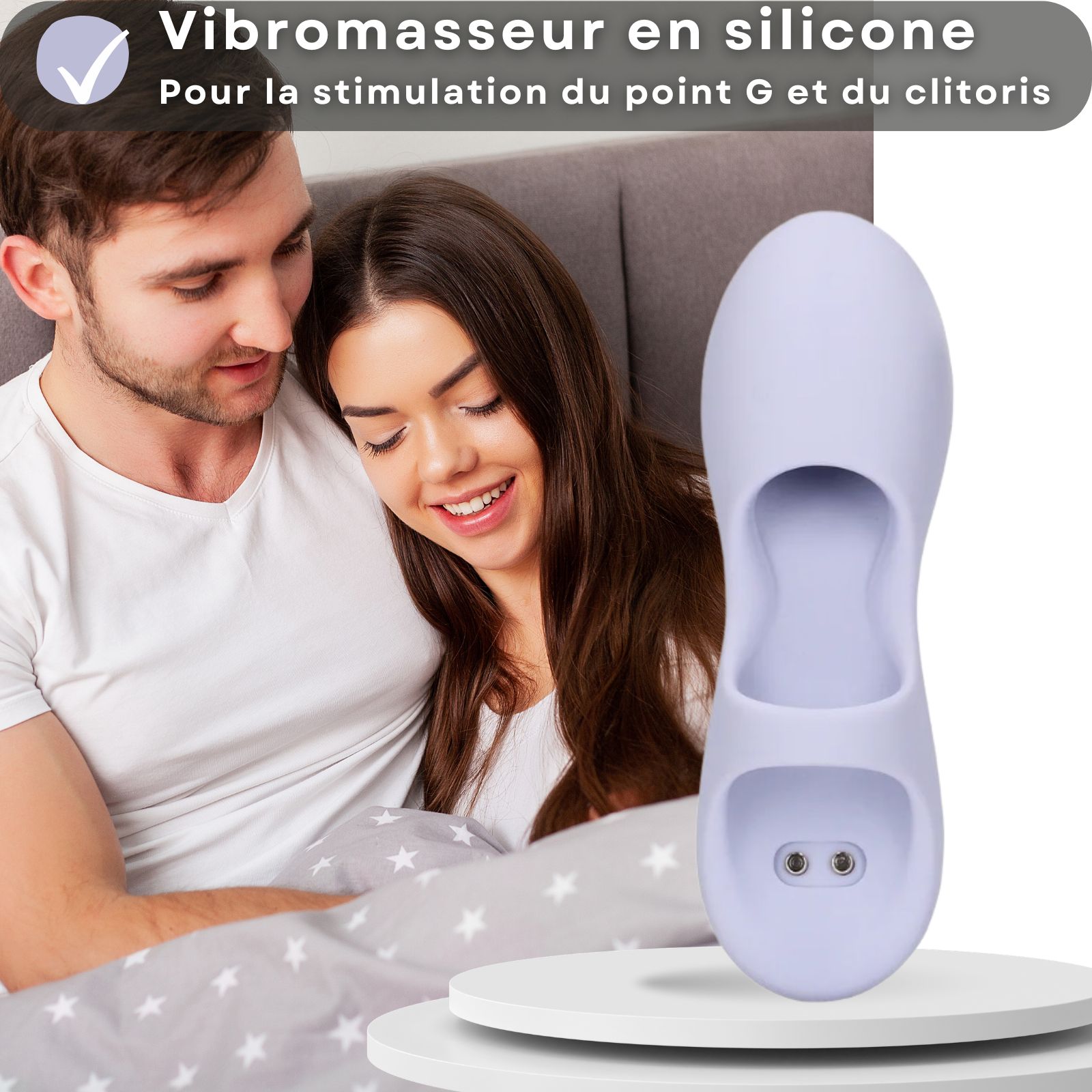 Vibrateur en silicone lilas. Pour la stimulation du point G et du clitoris.