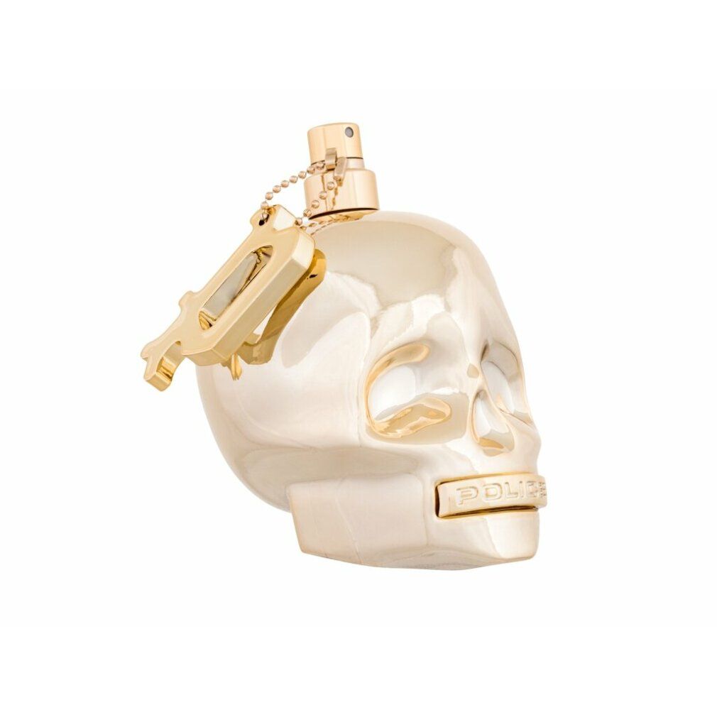 Flacon de parfum doré en forme de tête de mort avec pendentif. Inscription "Police" sur le menton.