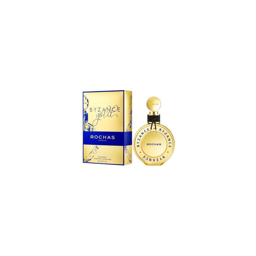 Boîte et flacon dorés. Inscription: BYZANCE Gold, ROCHAS PARIS. Flacon avec ruban noir.