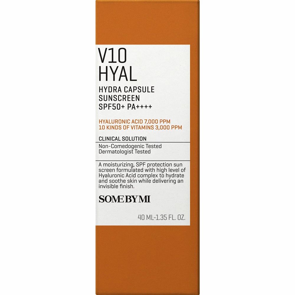 Emballage du produit. Inscription : SOME BY MI V10 Hyal Hydra Capsule Sunscreen SPF50+ PA++++. Texte sur les ingrédients et l'utilisation.