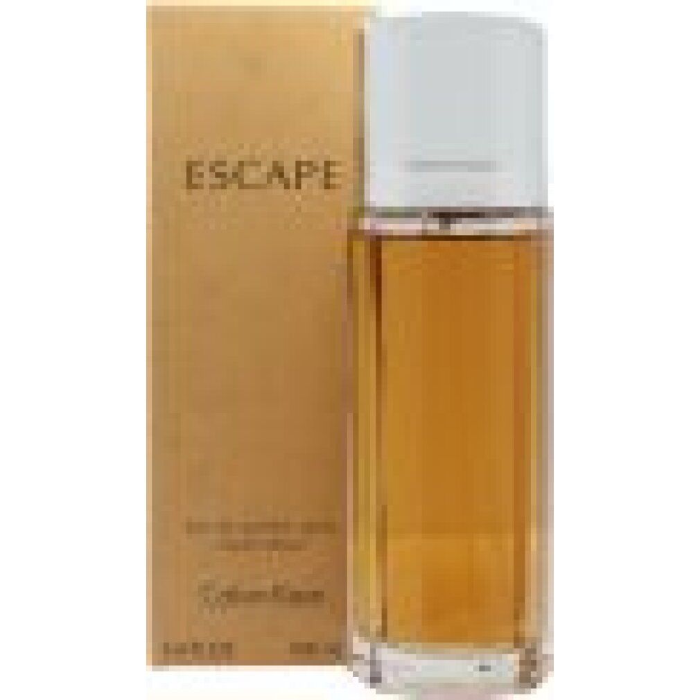 Parfumfles en verpakking. Fles met witte dop, goudkleurige vloeistof. Verpakking met opschrift "ESCAPE".