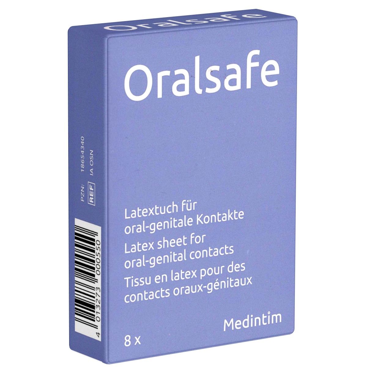 Boîte "Oralsafe". Texte: Tissu latex pour contacts oro-génitaux. 8 unités. Marque: Medintim. Code et code-barres.