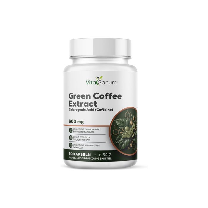 Façade d'un flacon de capsules VitaSanum Extrait de Café Vert, 600 mg. Avec illustration de grains de café verts.