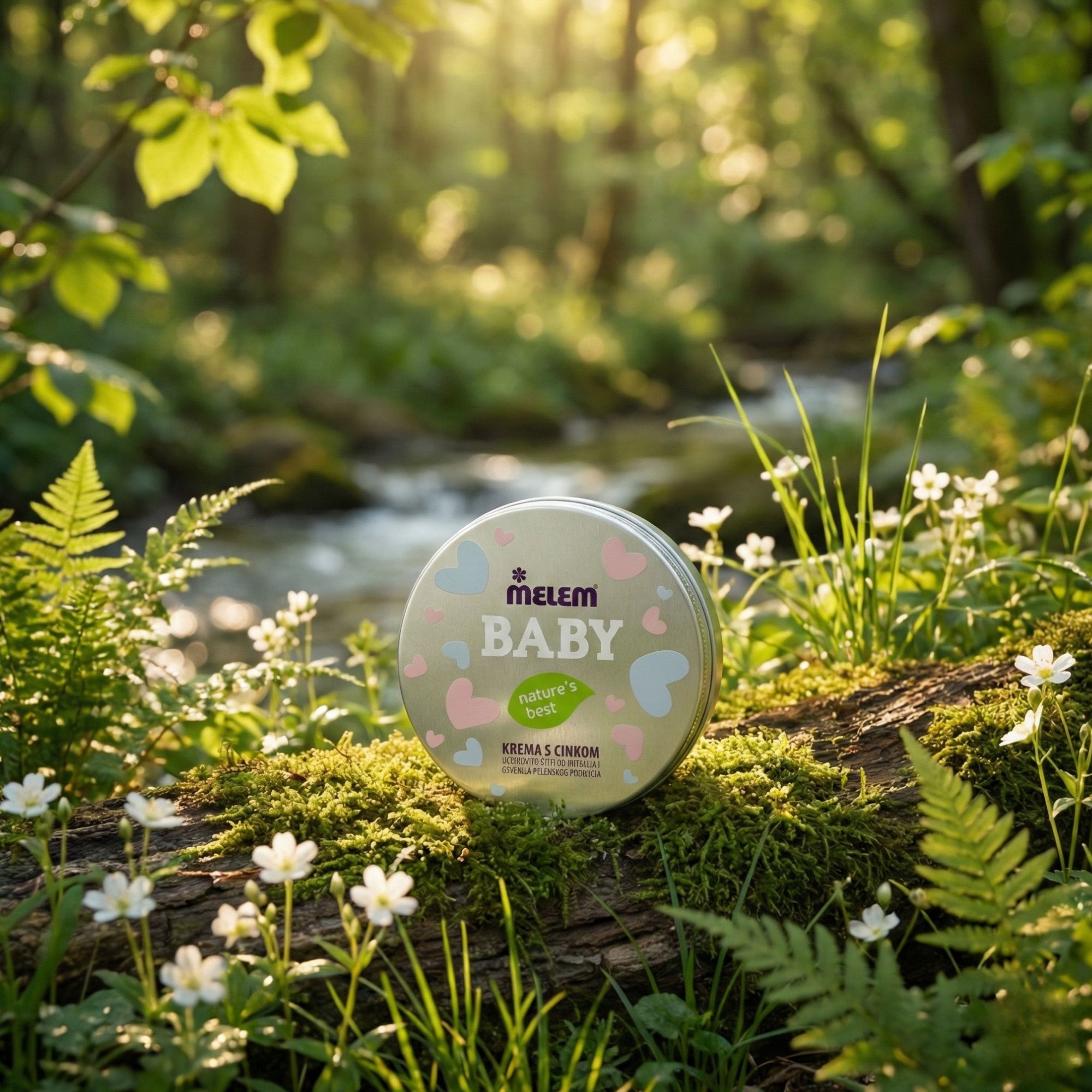 Boîte ronde Melem Baby sur un tronc d'arbre dans une forêt. Environnement: plantes vertes et fleurs.