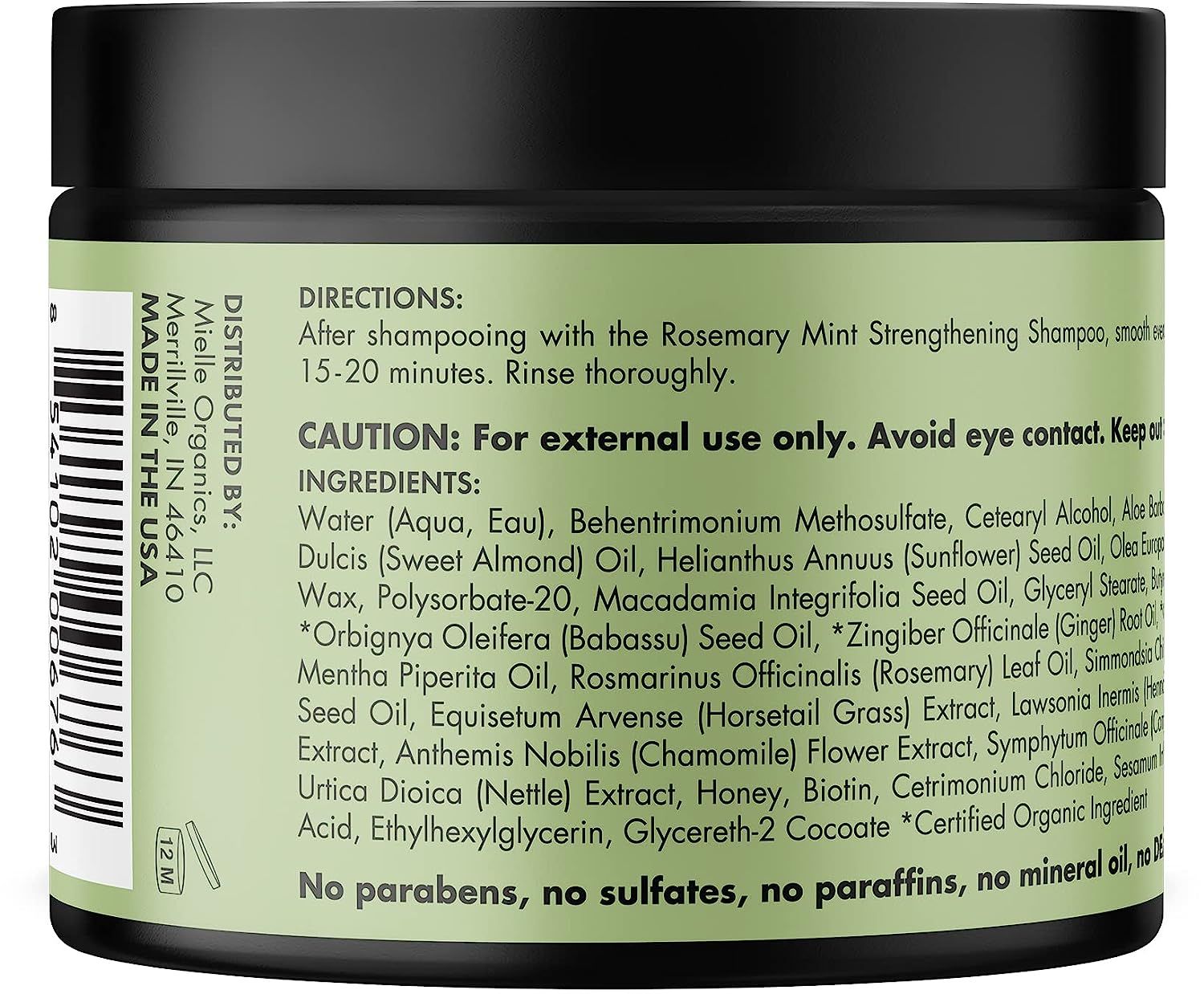 Achterkant van de Mielle Rosemary Mint Strengthening Hair Masque met ingrediënten en instructies.