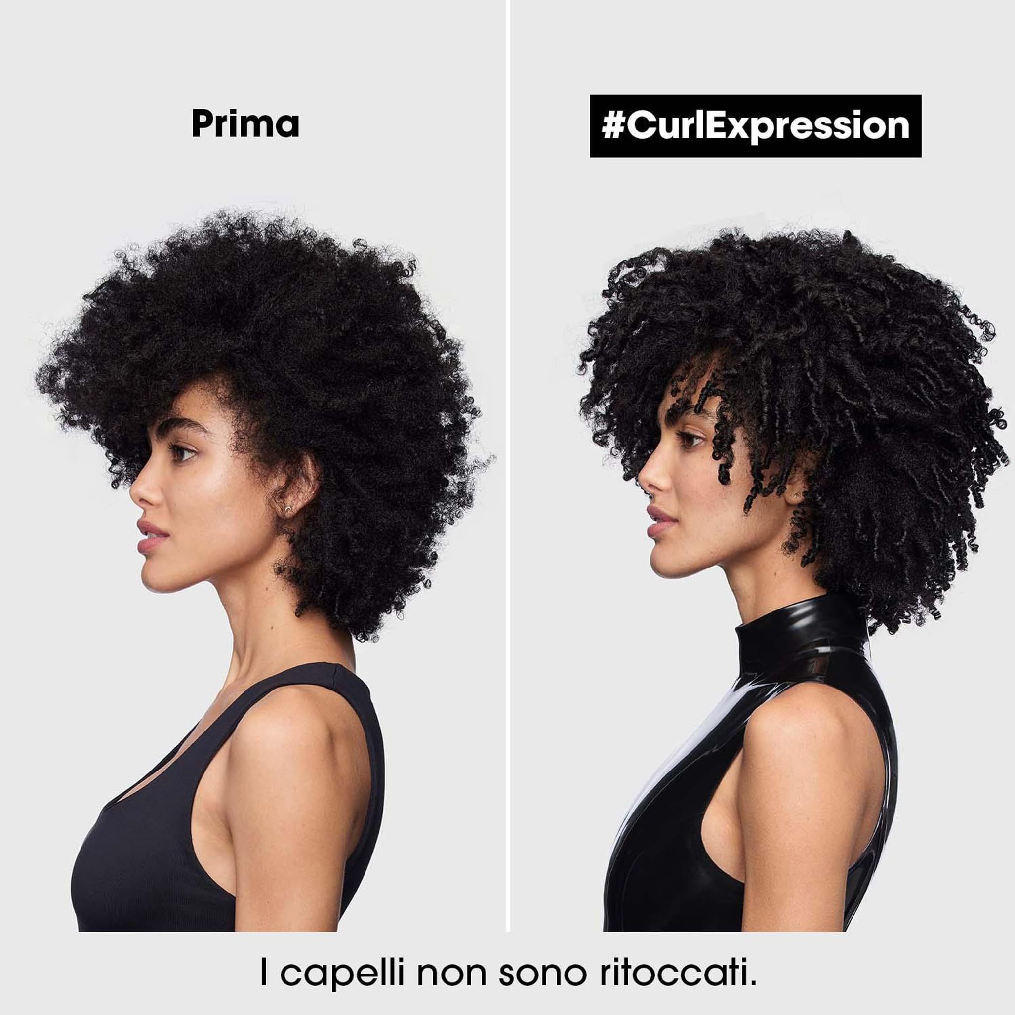 Comparaison de cheveux bouclés avant et après. Texte: #CurlExpression, I capelli non sono ritoccati.