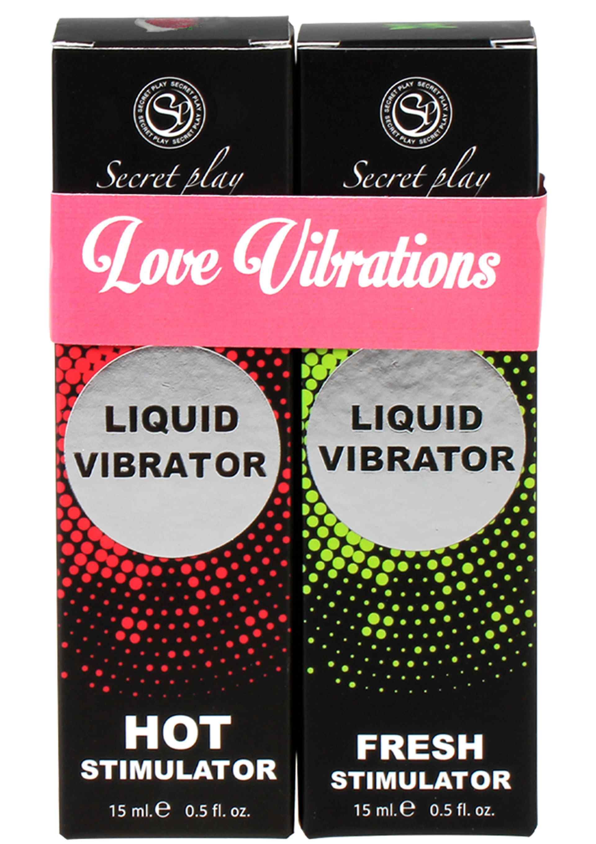 Deux paquets 'Love Vibrations Liquid Vibrator Hot Stimulator' et 'Fresh Stimulator'.
