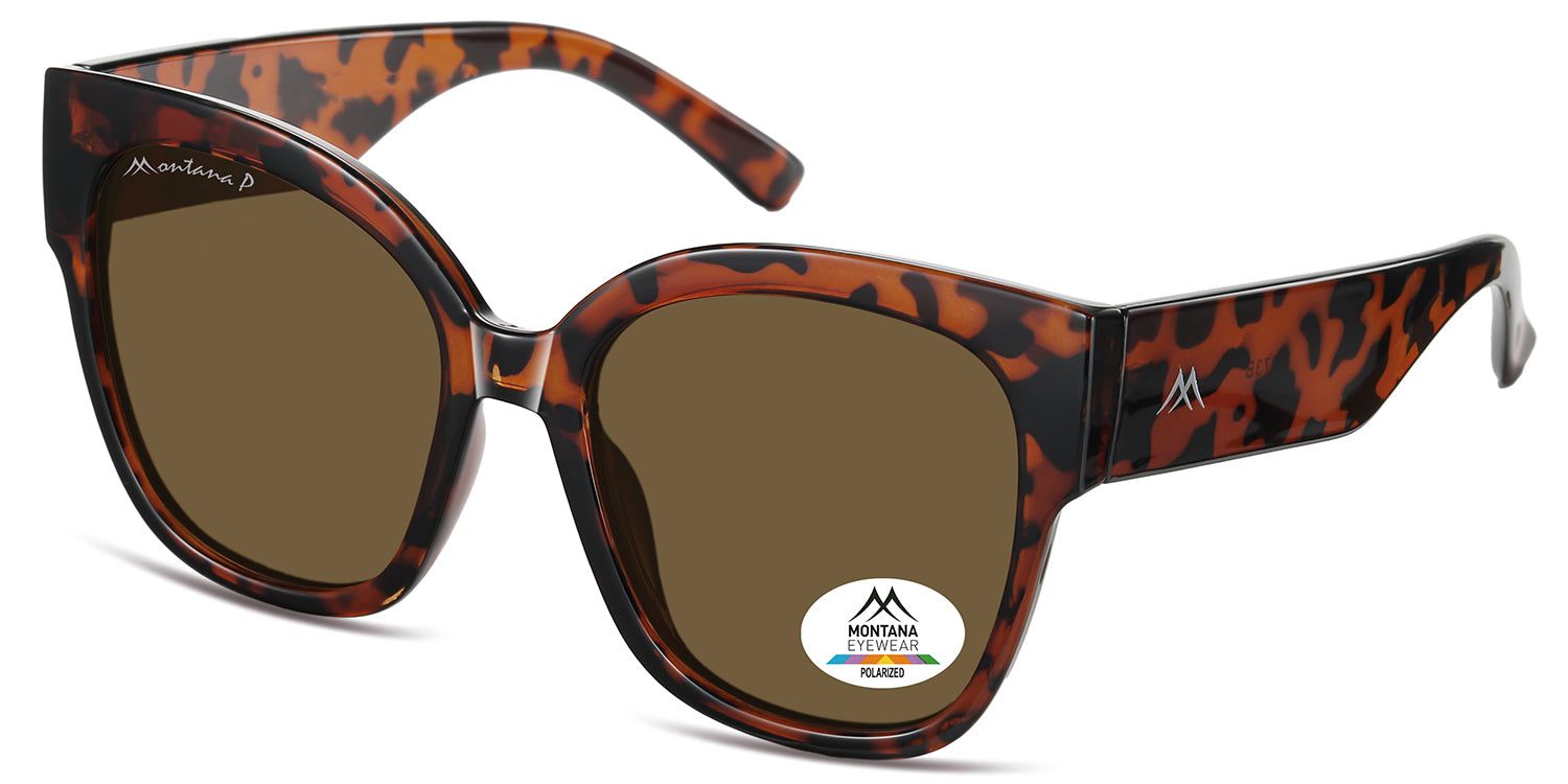 Lunettes de soleil marron et monture écaille de tortue. Logo Montana Eyewear. Autocollant polarisé.