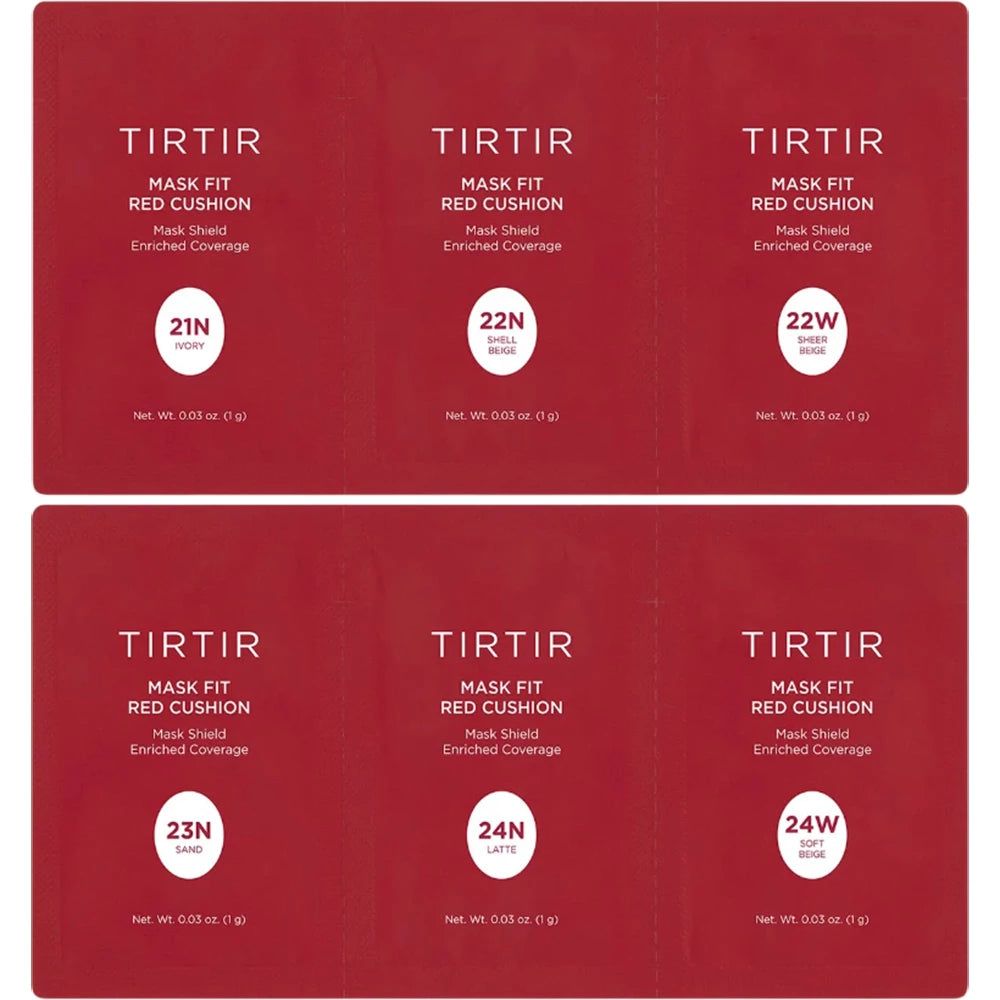 Six emballages rouges avec noms de produits et nuances : 21N, 22N, 22W, 23N, 24N, 24W. Texte : Mask Fit Red Cushion.