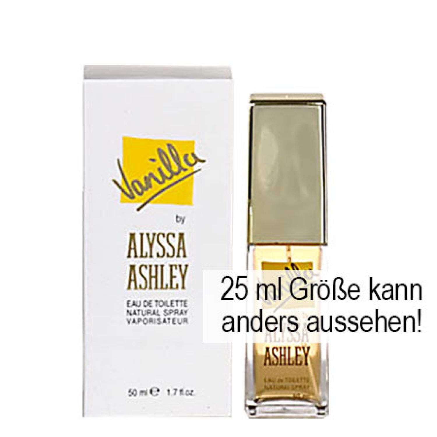 Flacon et emballage d'Eau de Toilette Alyssa Ashley Vanilla. 50 ml. Étiquettes jaunes avec le nom du produit.