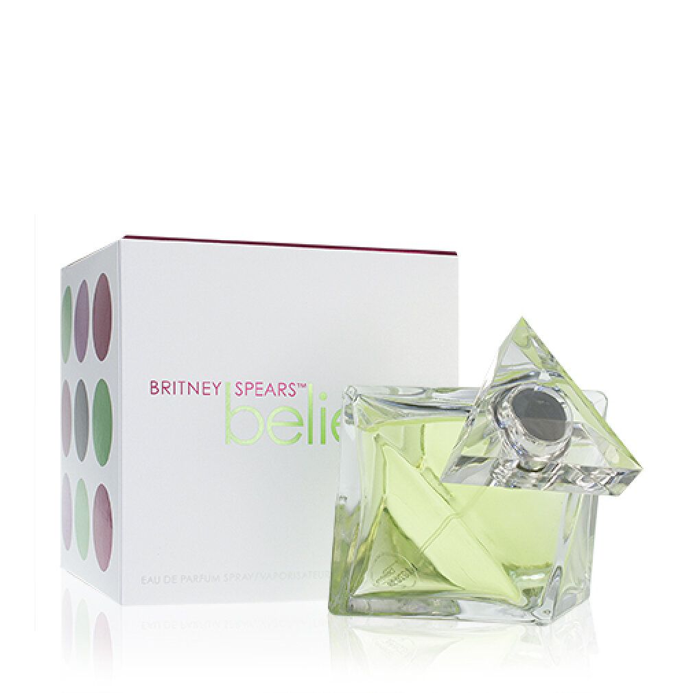 Flacon vert avec bouchon transparent et emballage. Inscription : Britney Spears Believe. Emballage avec cercles colorés.