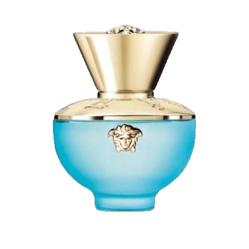 Flacon de parfum bleu clair avec bouchon doré. Logo Medusa en façade. Forme arrondie.