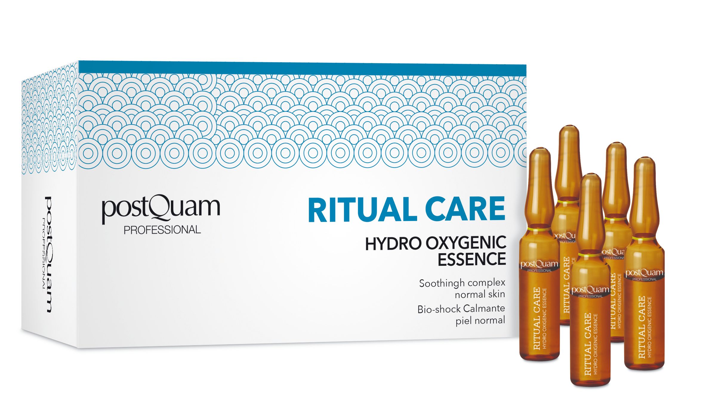 Verpakking met ampullen. Opschrift 'Postquam Professional', 'Ritual Care Hydro Oxygenic Essence'. Ampullen in rij.