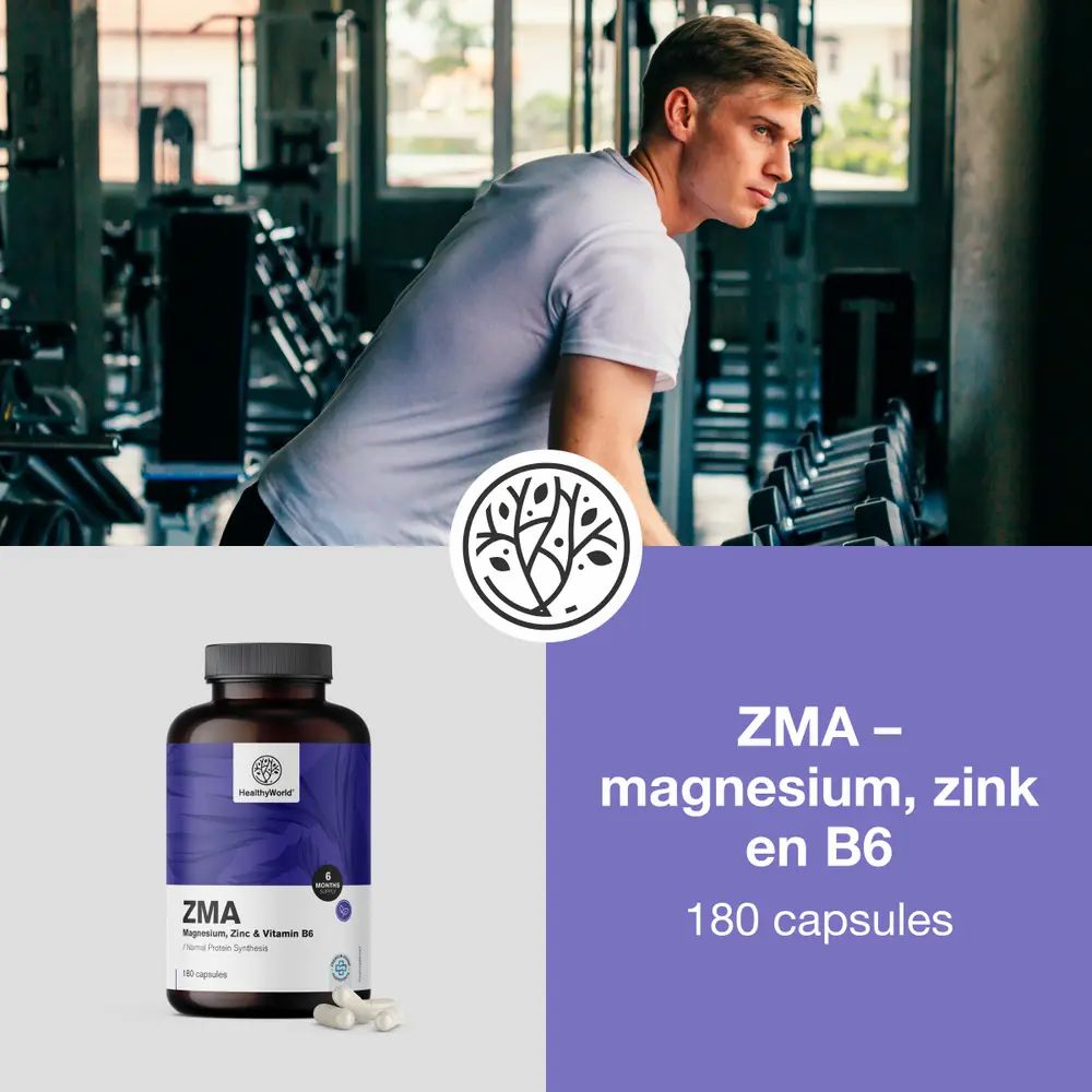 HealthyWorld ZMA capsulefles, man aan het trainen, logo en tekst.