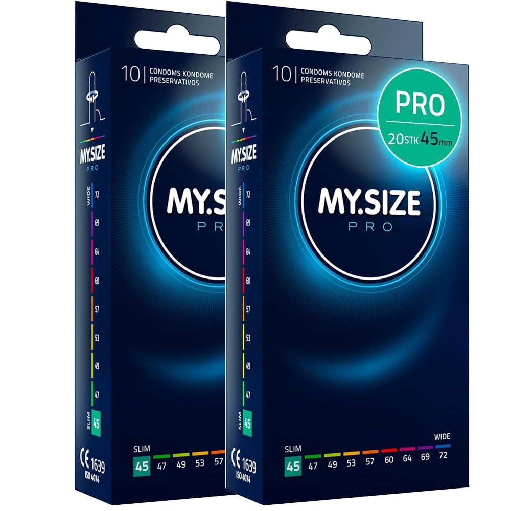 Deux paquets de préservatifs MY.SIZE PRO, 20 pièces, 45mm de largeur. Marquage CE visible.