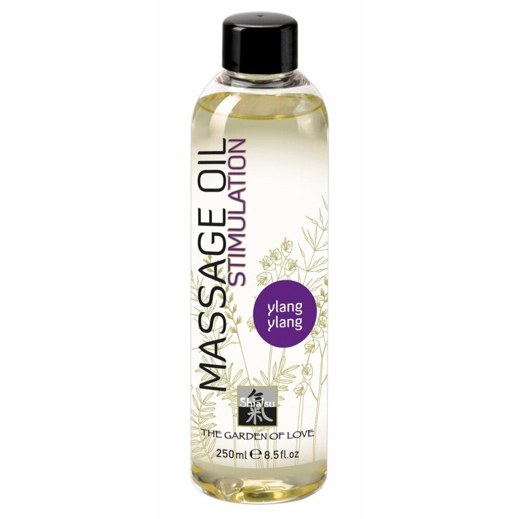 Flacon d'huile de massage avec bouchon noir. Inscription: Massage Oil Stimulation, Ylang Ylang, The Garden of Love.