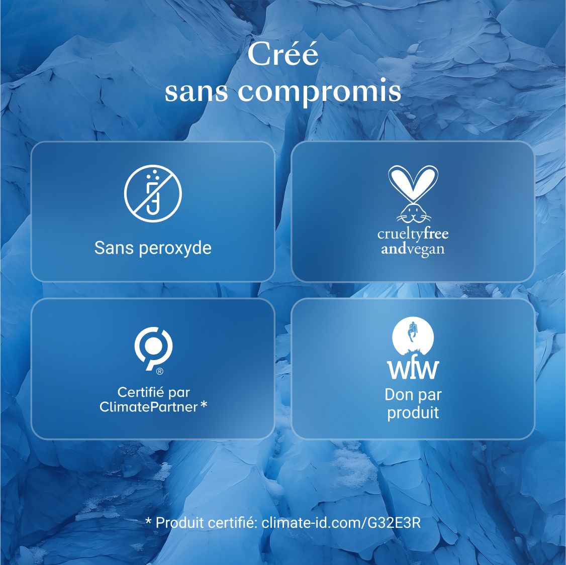 Fond bleu avec logos et texte. Sans peroxyde, végétalien, ClimatePartner.