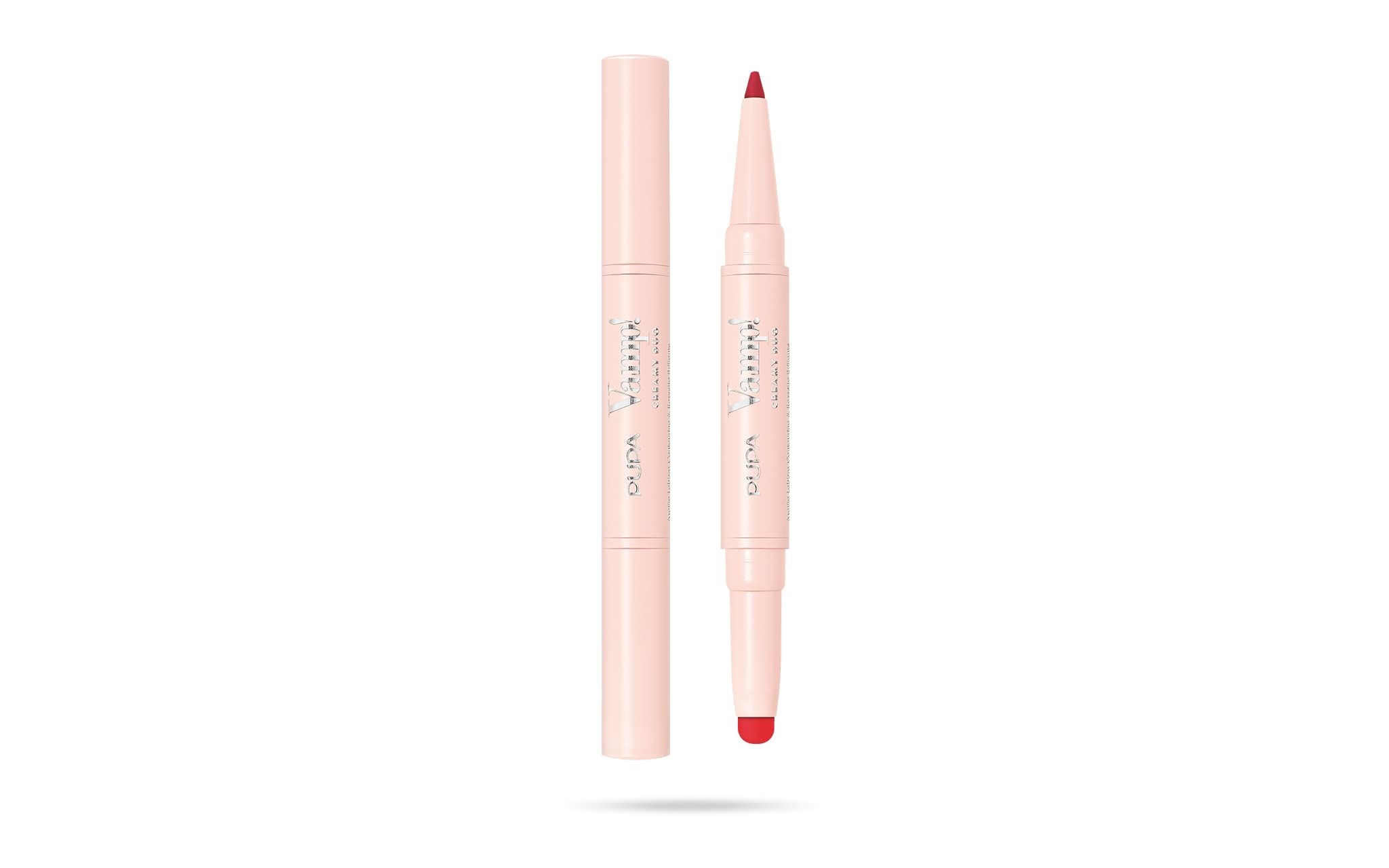 Dubbelzijdige lippenstift en lippotlood, roze kleur.