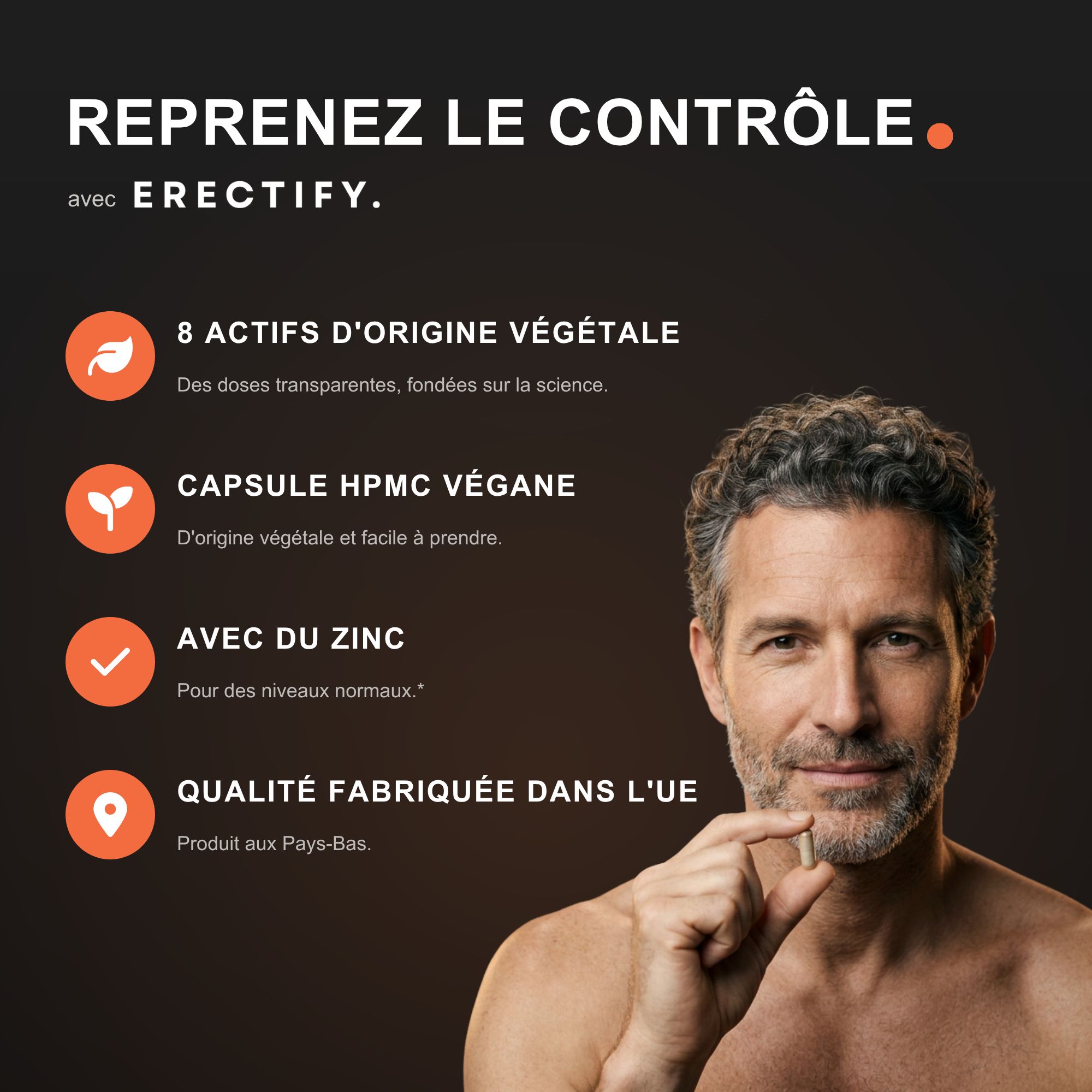 Un homme tient une capsule. Le texte souligne 8 actifs végétaux, une capsule végane, du zinc et la qualité UE.