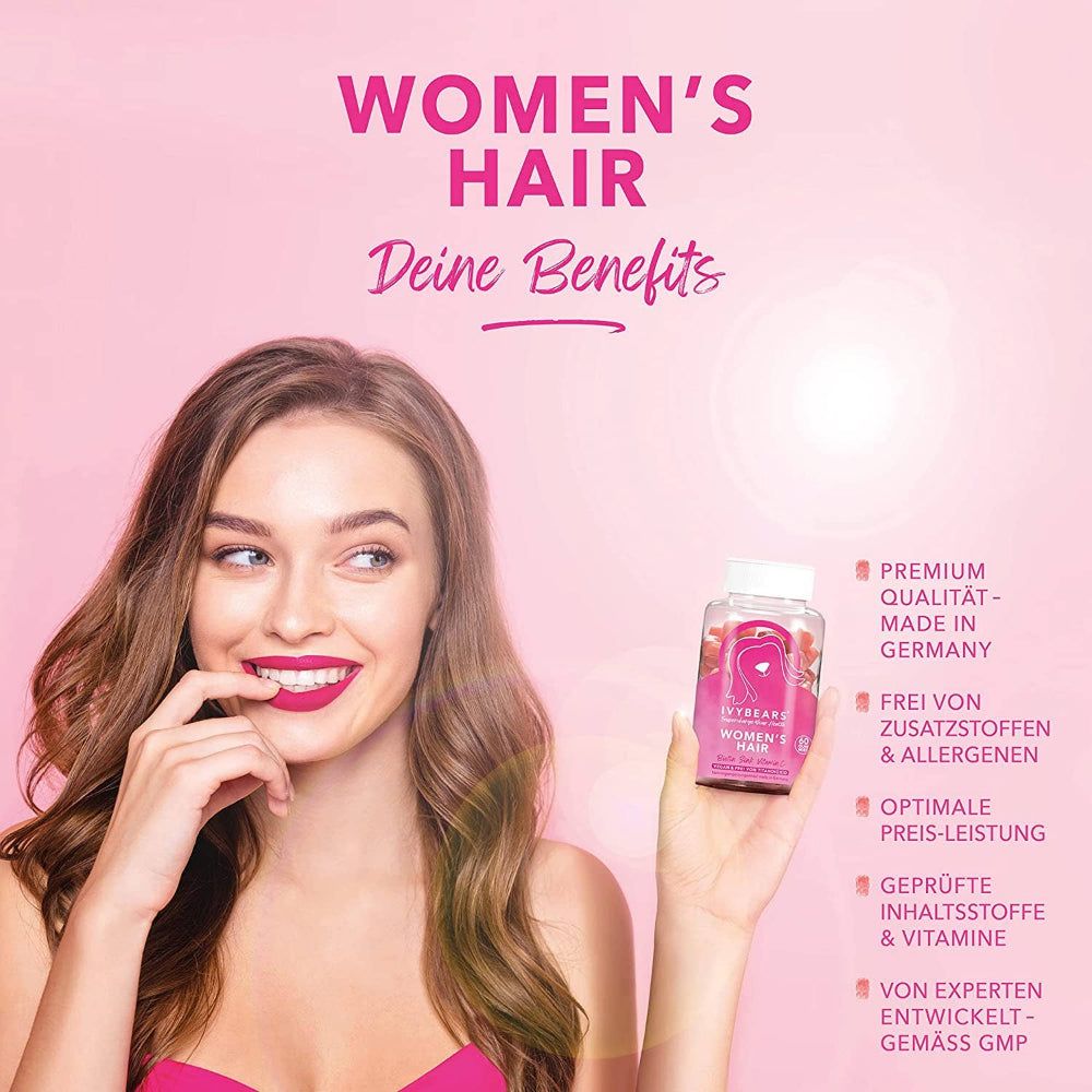Vrouw houdt een fles IvyBears Women's Hair Vitamins vast. Tekst: Women's Hair, Jouw voordelen. Premium kwaliteit, Made in Germany.