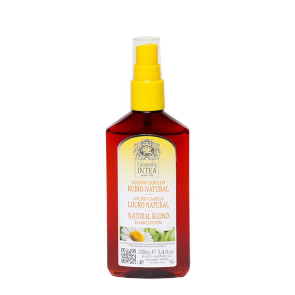 Bruine spuitfles met gele dop, 100ml. Bevat kamille-extract voor het lichter maken van haar.