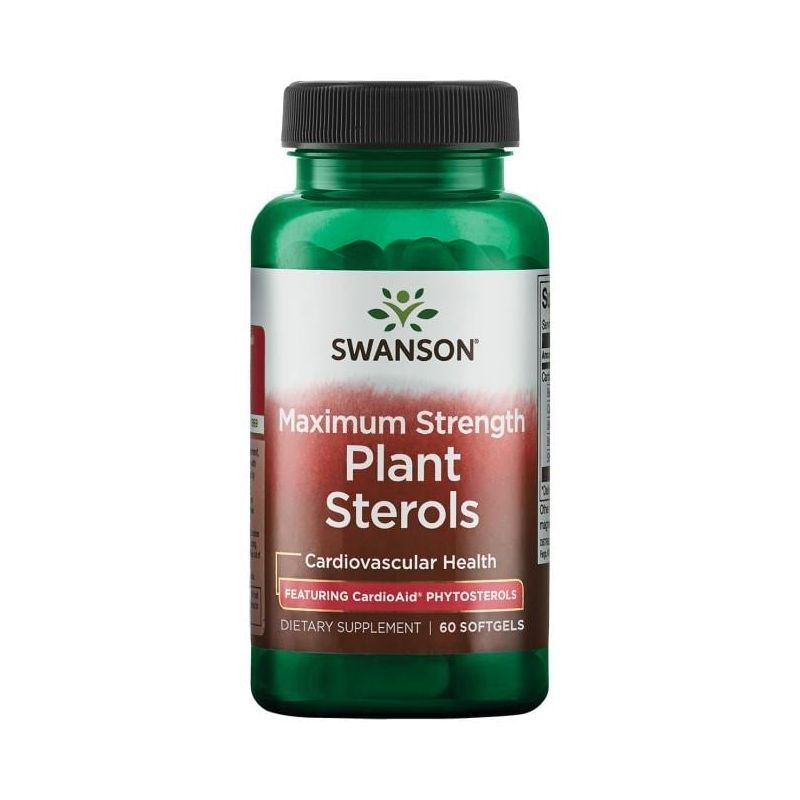 Groene fles met zwarte dop. Opschrift: SWANSON, Maximum Strength Plant Sterols, 60 softgels. Voedingssupplement.