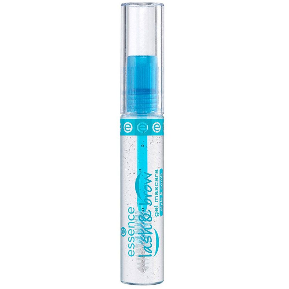 Transparante mascara tube met blauwe dop. Opschrift: essence lash & brow gel mascara style & comb.