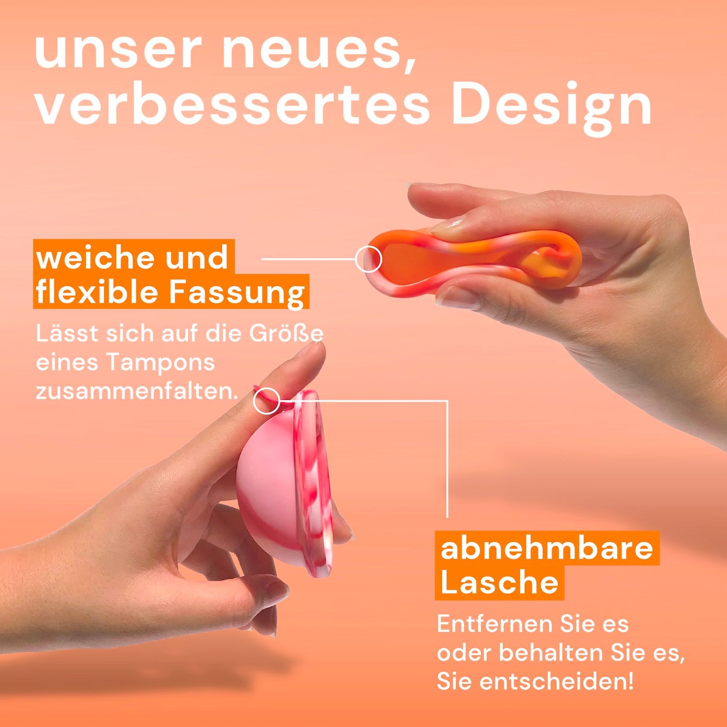 Mains montrant des disques menstruels. Texte : 'monture souple et flexible' et 'languette amovible'.