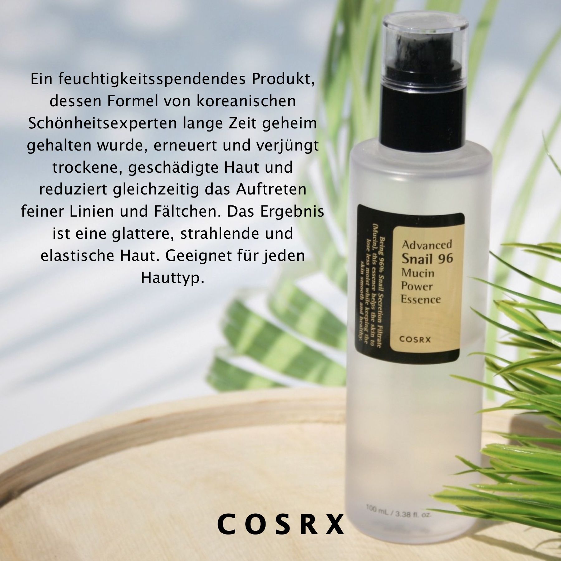 Serumfles naast plant. Tekst: Hydraterend product waarvan de formule lang geheim werd gehouden door Koreaanse schoonheidsexperts.