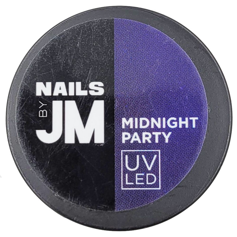 Contenant rond noir et violet. Inscription "NAILS BY JM" et "MIDNIGHT PARTY". Logo UV LED.