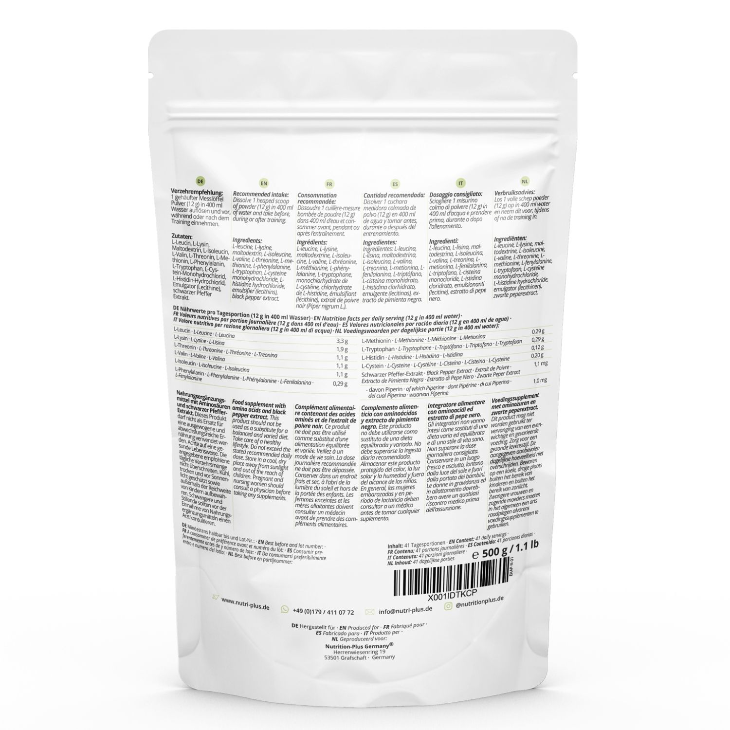 Sachet avec informations produit. Liste des ingrédients et informations nutritionnelles. 500g/1.1lb.