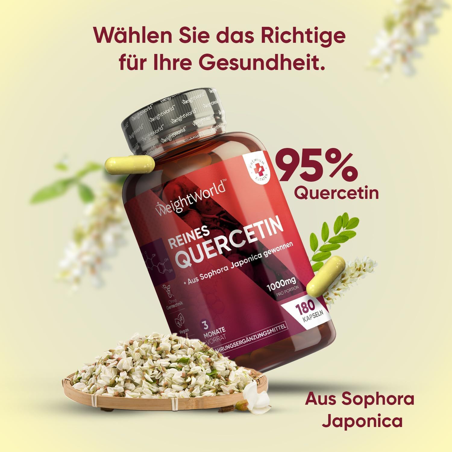 Flacon marron de gélules. Texte : 95% Quercetin, 180 gélules. Avec fleurs et gélules.