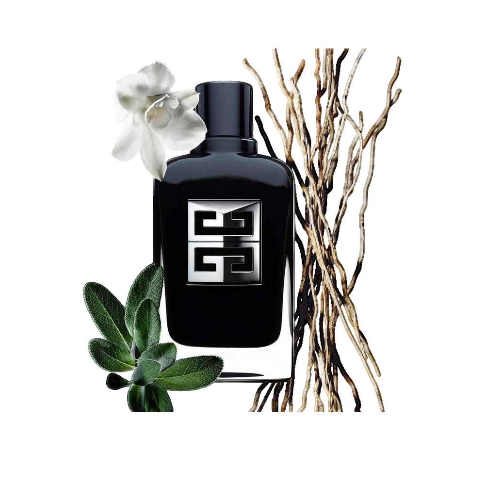 Zwarte fles met zilveren logo. Decoratie met witte bloem, takken en bladeren.