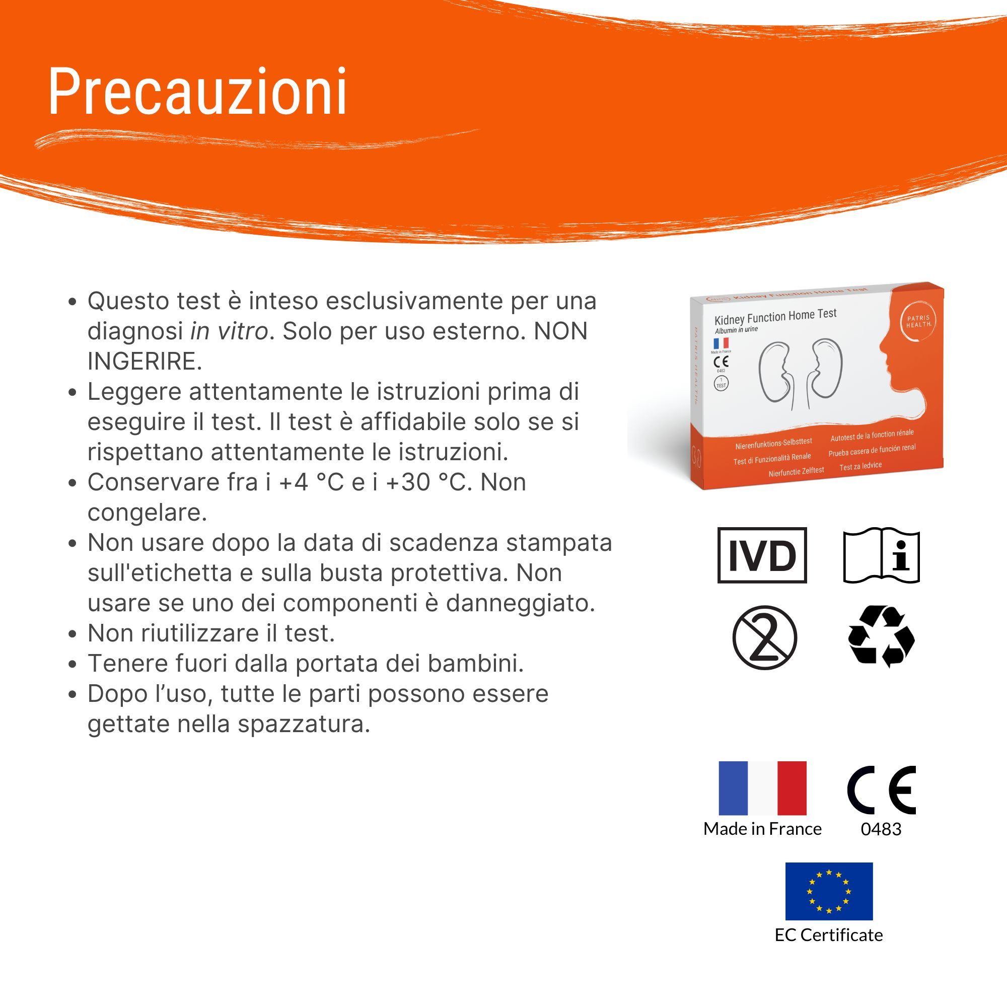 Voorzorgsmaatregelen voor de Patris Health® zelftest. CE-markering, Made in France.