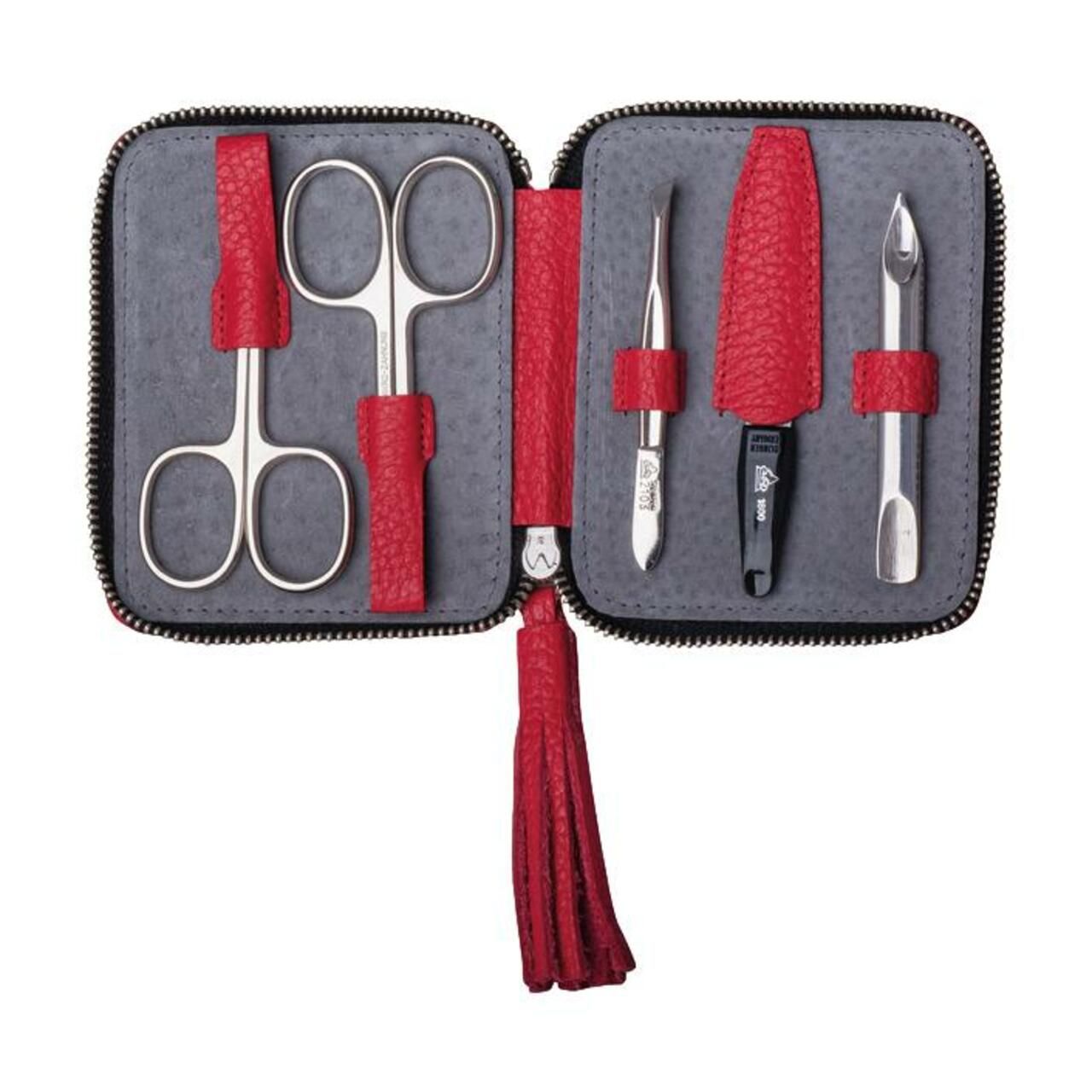 Étui manucure rouge 5 pièces : ciseaux, pince à épiler, repousse-cuticules, lime à ongles et coupe-ongles.