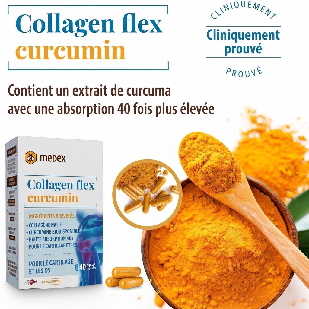 Pack Medex Collagen flex Curcumin à côté d'une cuillère avec poudre de curcuma et capsules.