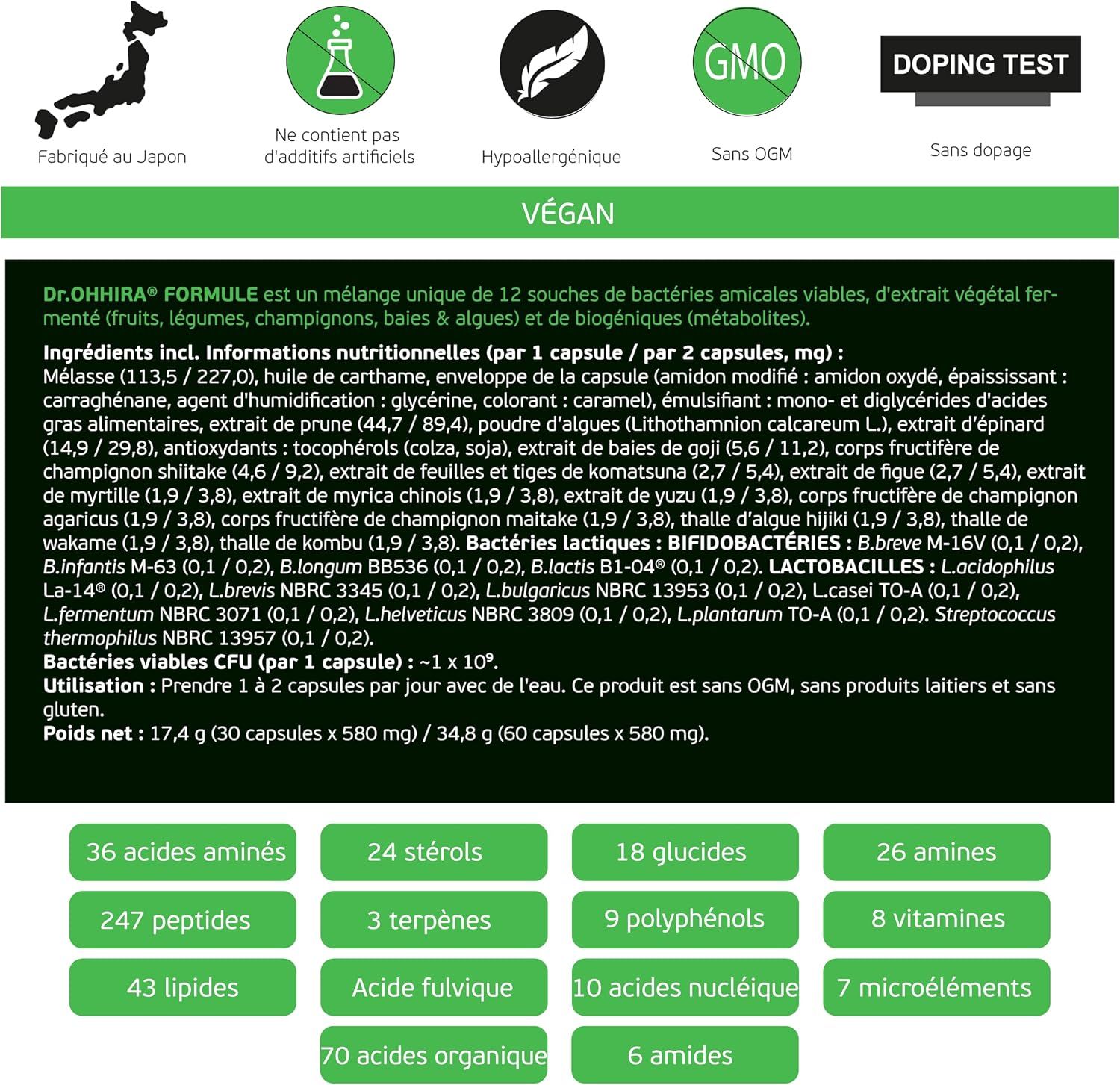 Informations sur la formule Dr. Ohhira : ingrédients, cultures bactériennes, valeurs nutritionnelles et instructions d'utilisation.