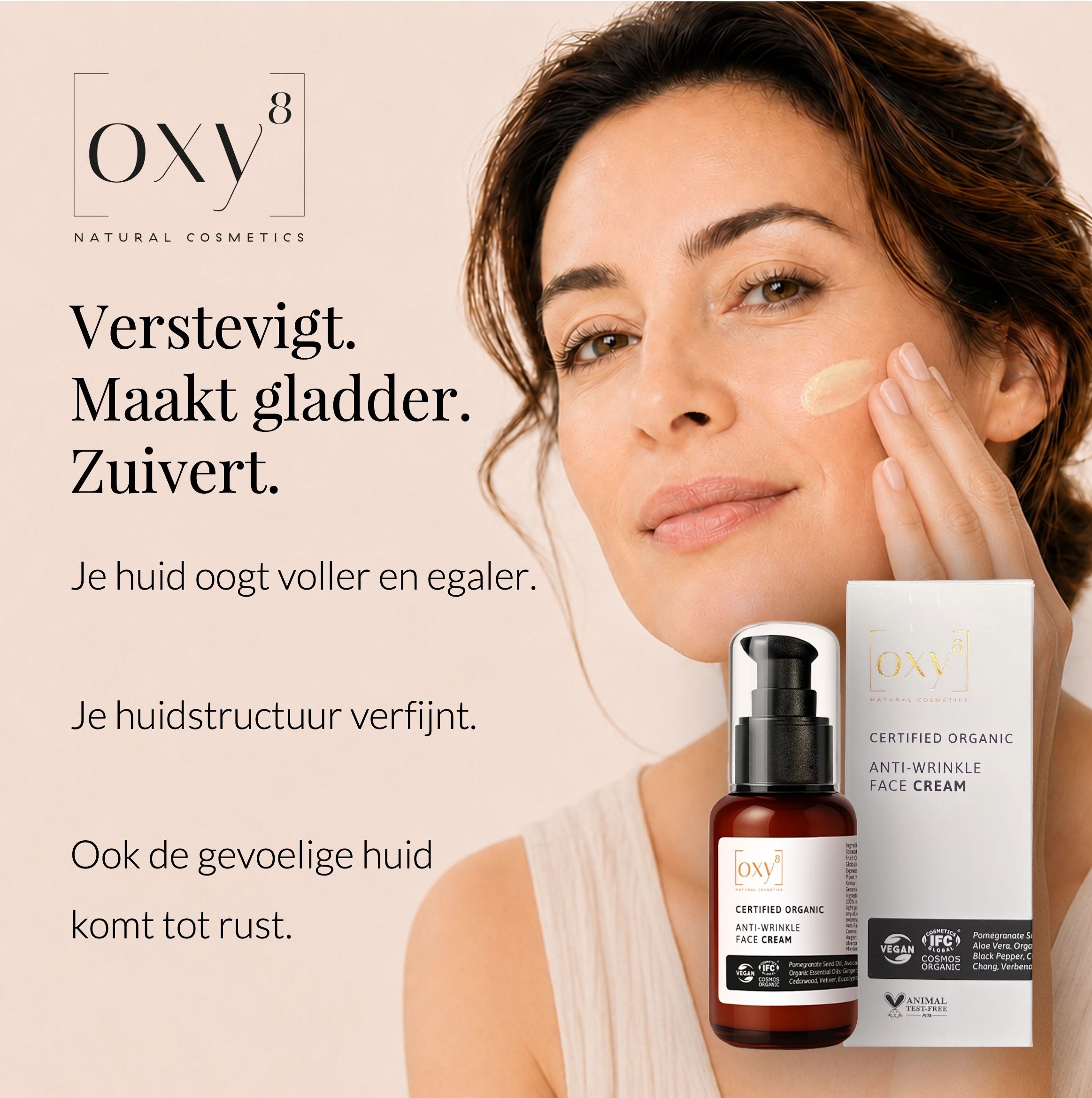 Vrouw met gezicht. Tekst: Meer dan 300.000 verkochte producten. Certificeringen.