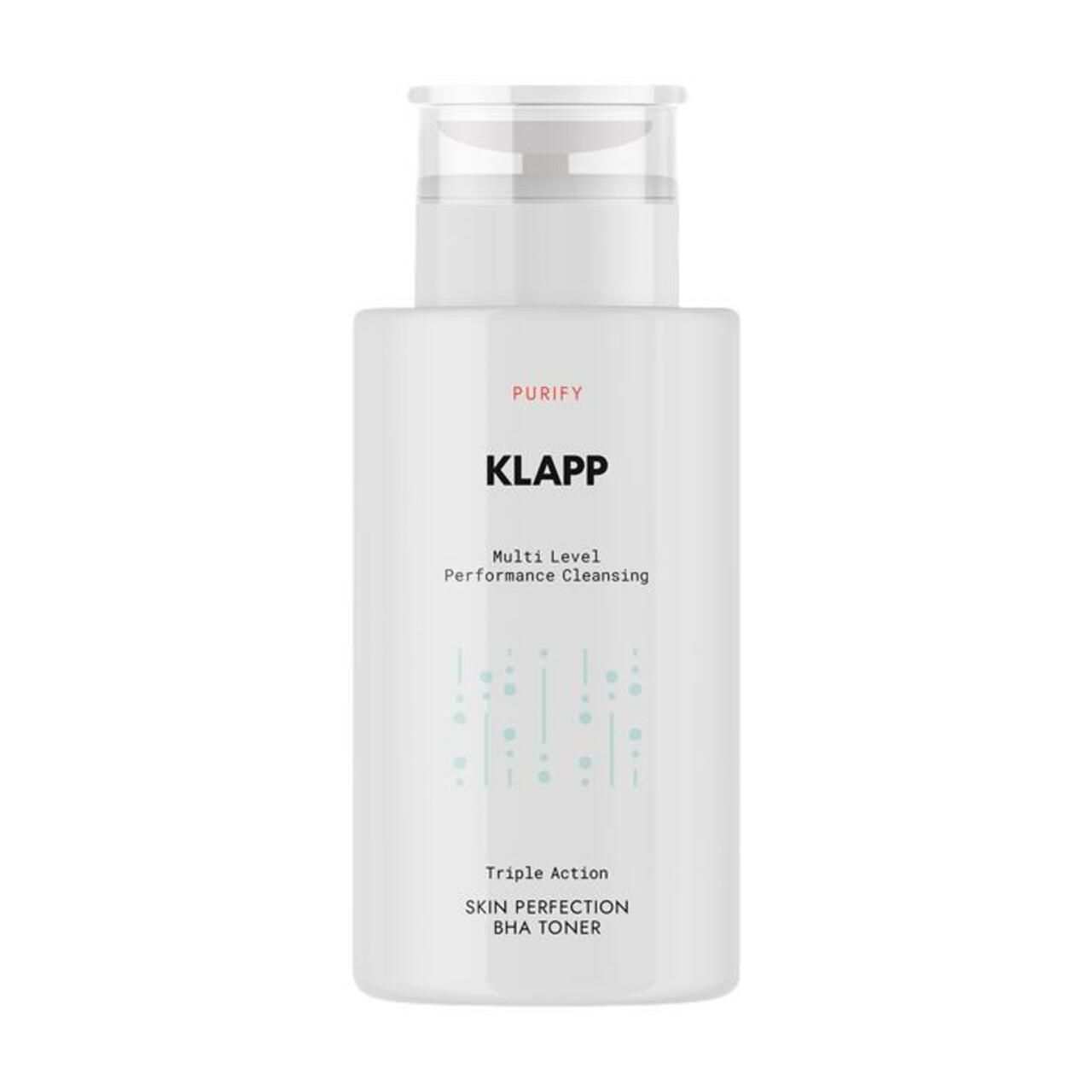 Witte fles met Klapp-logo en productnaam: Multi Level Performance Cleansing, Skin Perfection BHA Toner. Transparante dop.