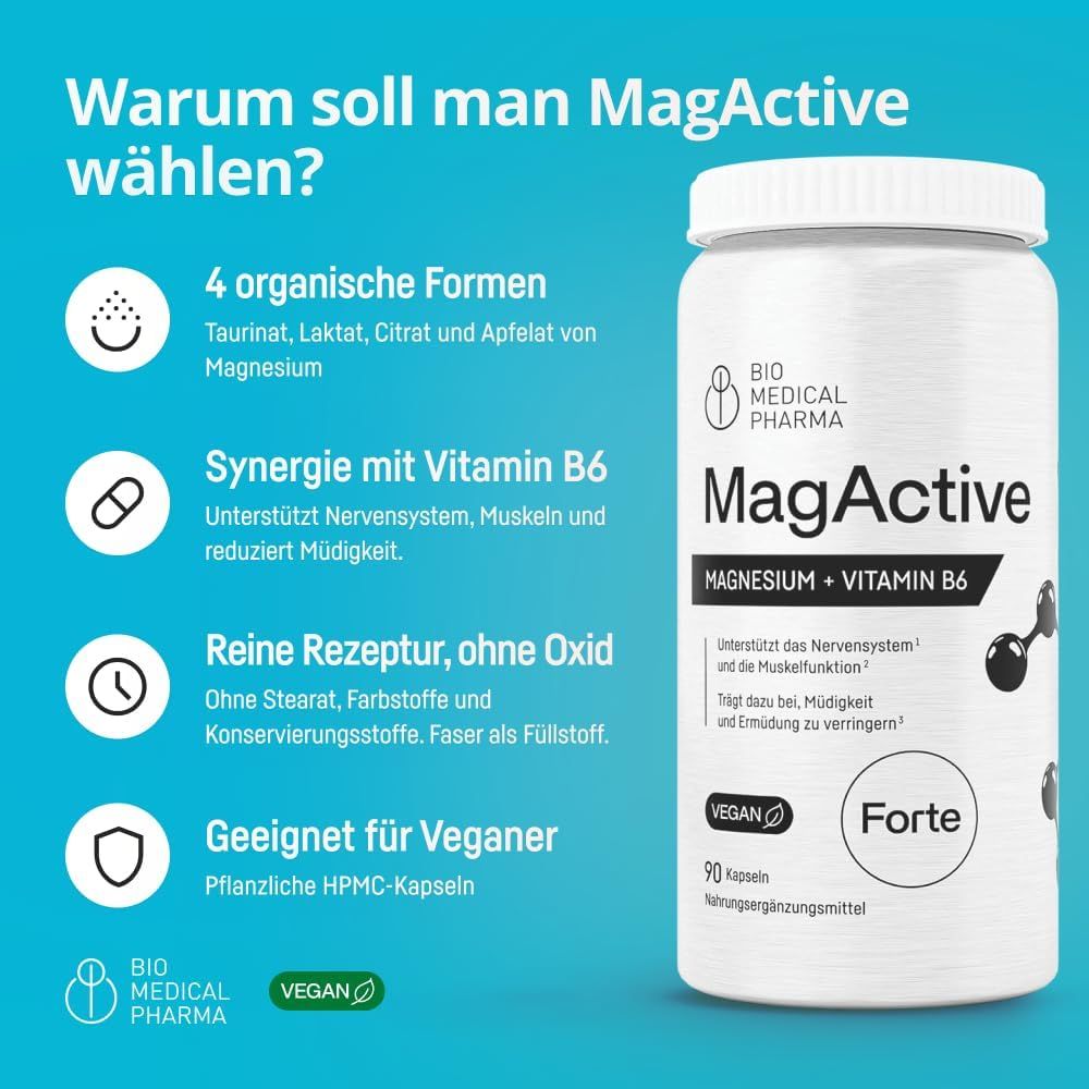 Bio Medical Pharma MagActive Complexe Magnésium Vitamine B6 Gélules : boîte et avantages.