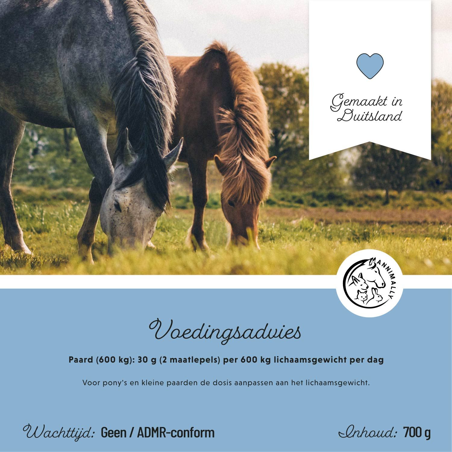 Witte pot met blauw etiket. Opschrift: Zink, 700 g. Voor huid, haar & hoeven. Granulaat.