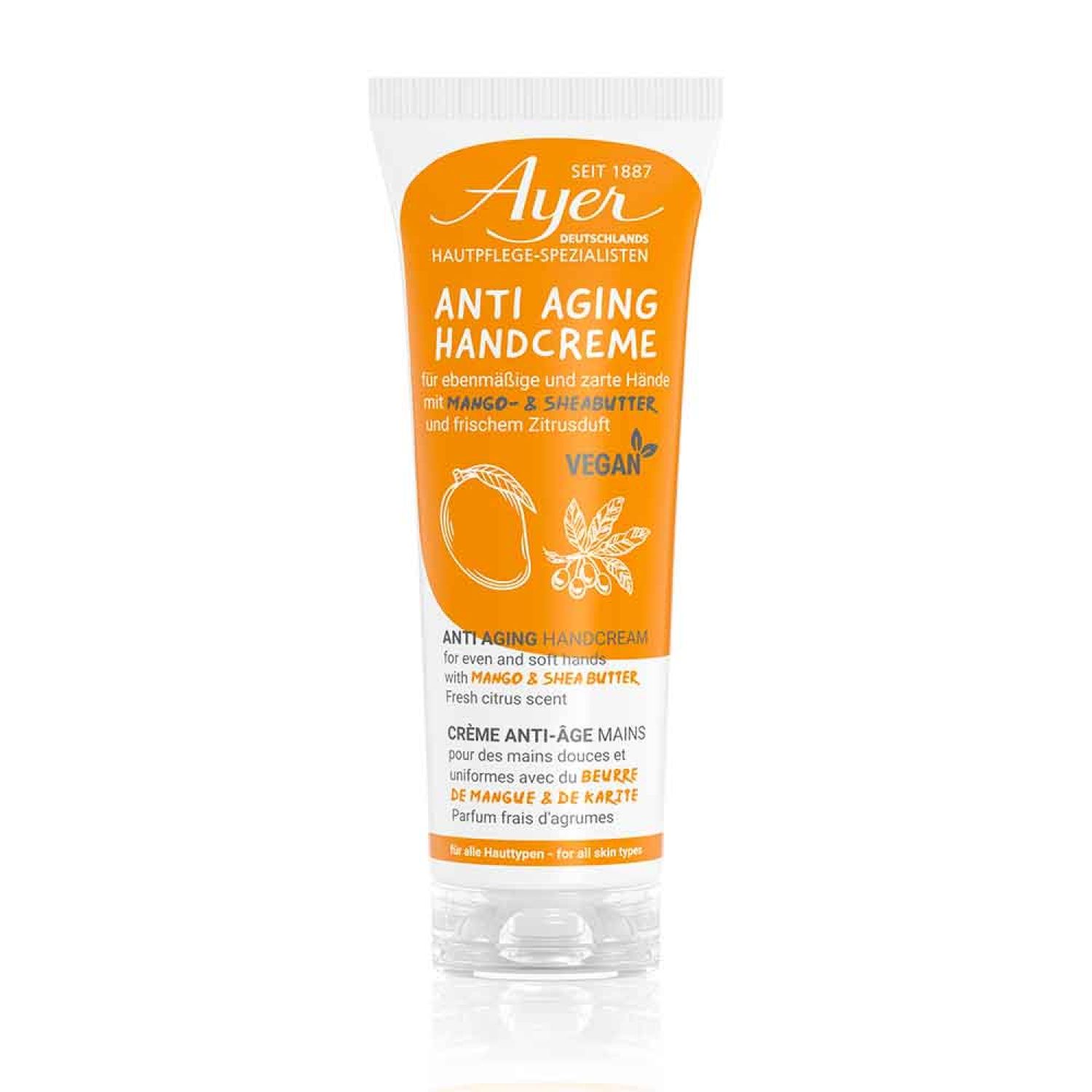 Crèmetube "Ayer" met tekst "Anti Aging Handcreme". Oranje achtergrond. Vegan-zegel.