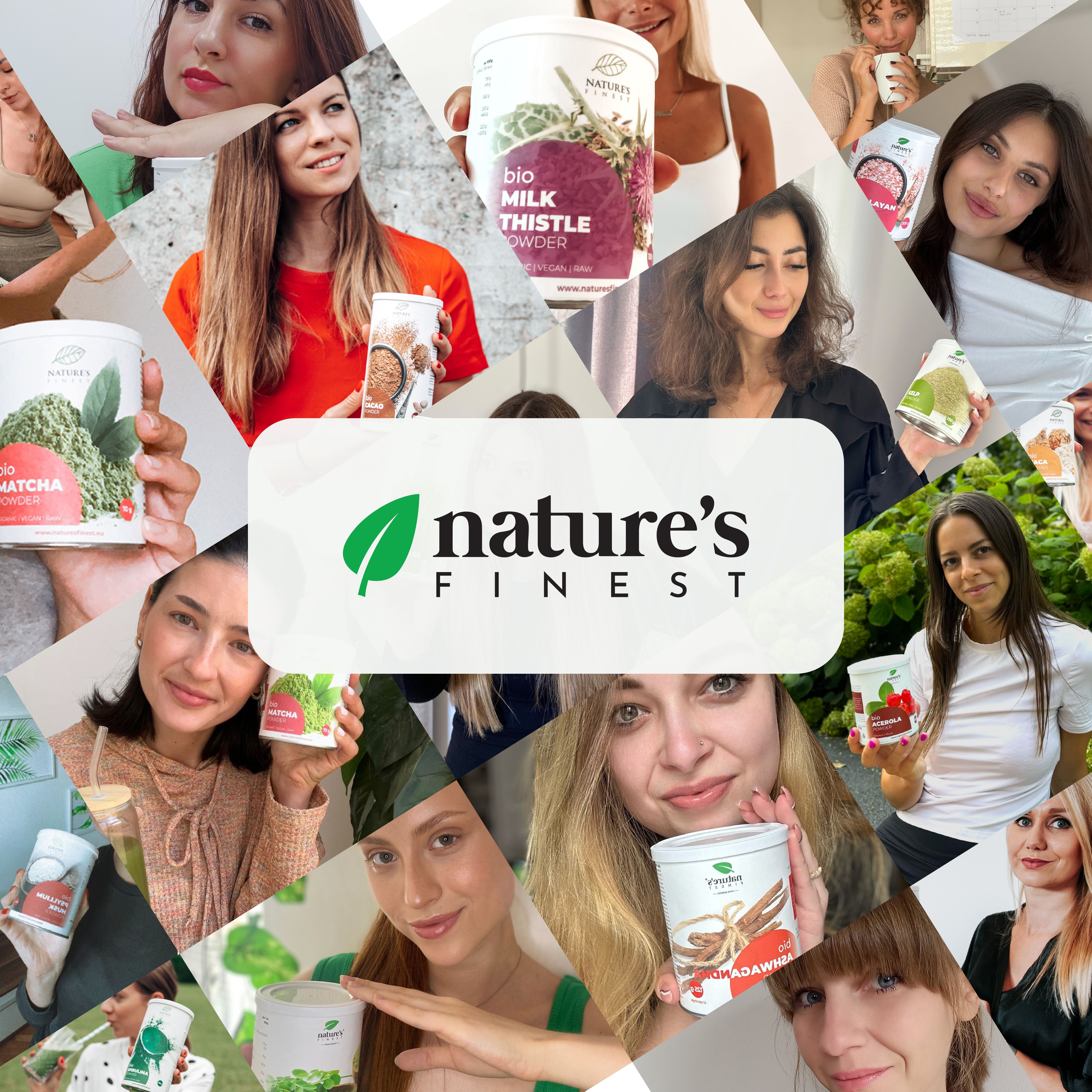 Collage de femmes tenant divers produits Nature's Finest, avec le logo de la marque au centre.