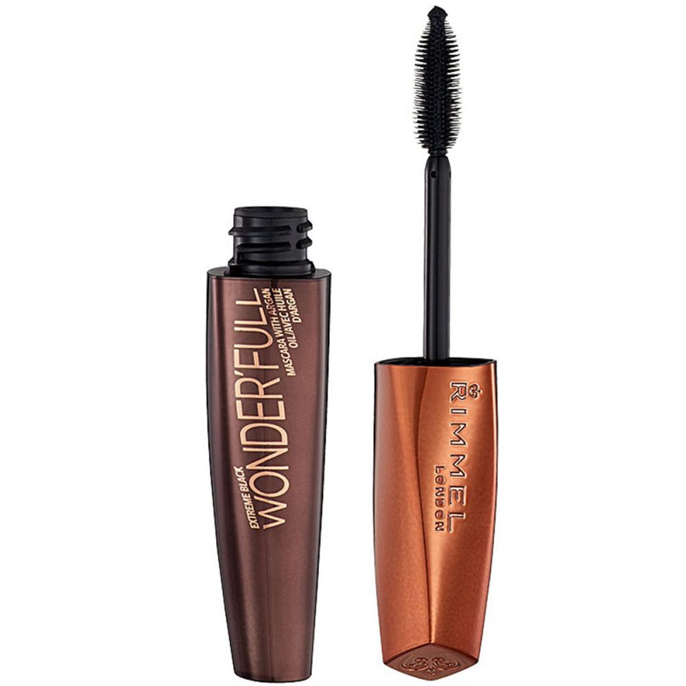 Mascara met borstel. Donkerbruine huls, gouden dop. Opschrift: Rimmel Wonder'full Extreme Black.